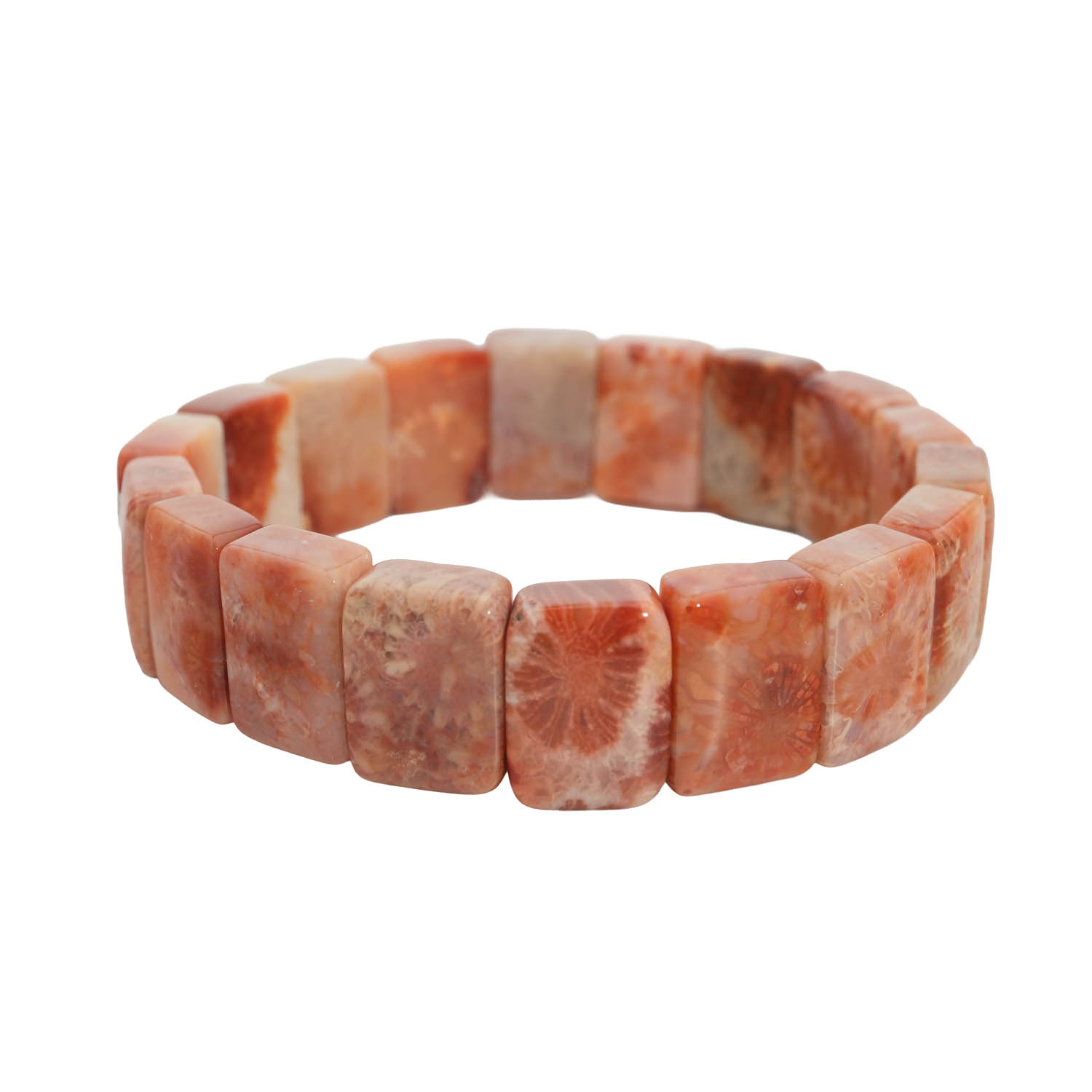square-cut-rolex-coral-natural-stone-bracelet Armband aus originalem Fossilkorallen-Naturstein im quadratischen Rolex-Schliff in Orange- und Weißtönen mit natürlichen floralen Mustern.