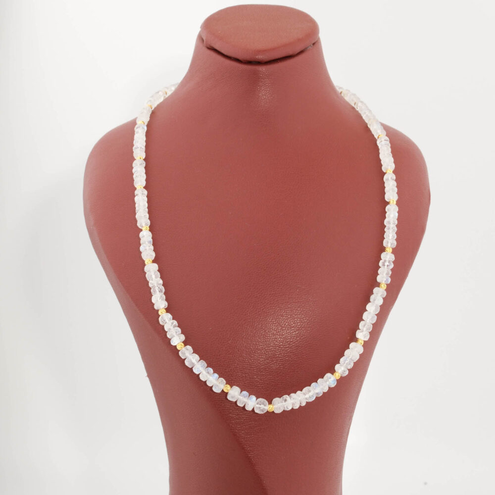 Collana da donna in argento 925 dorato con grani rondelle sfaccettati in pietra di luna naturale qualità 6A+ (4-6mm).
