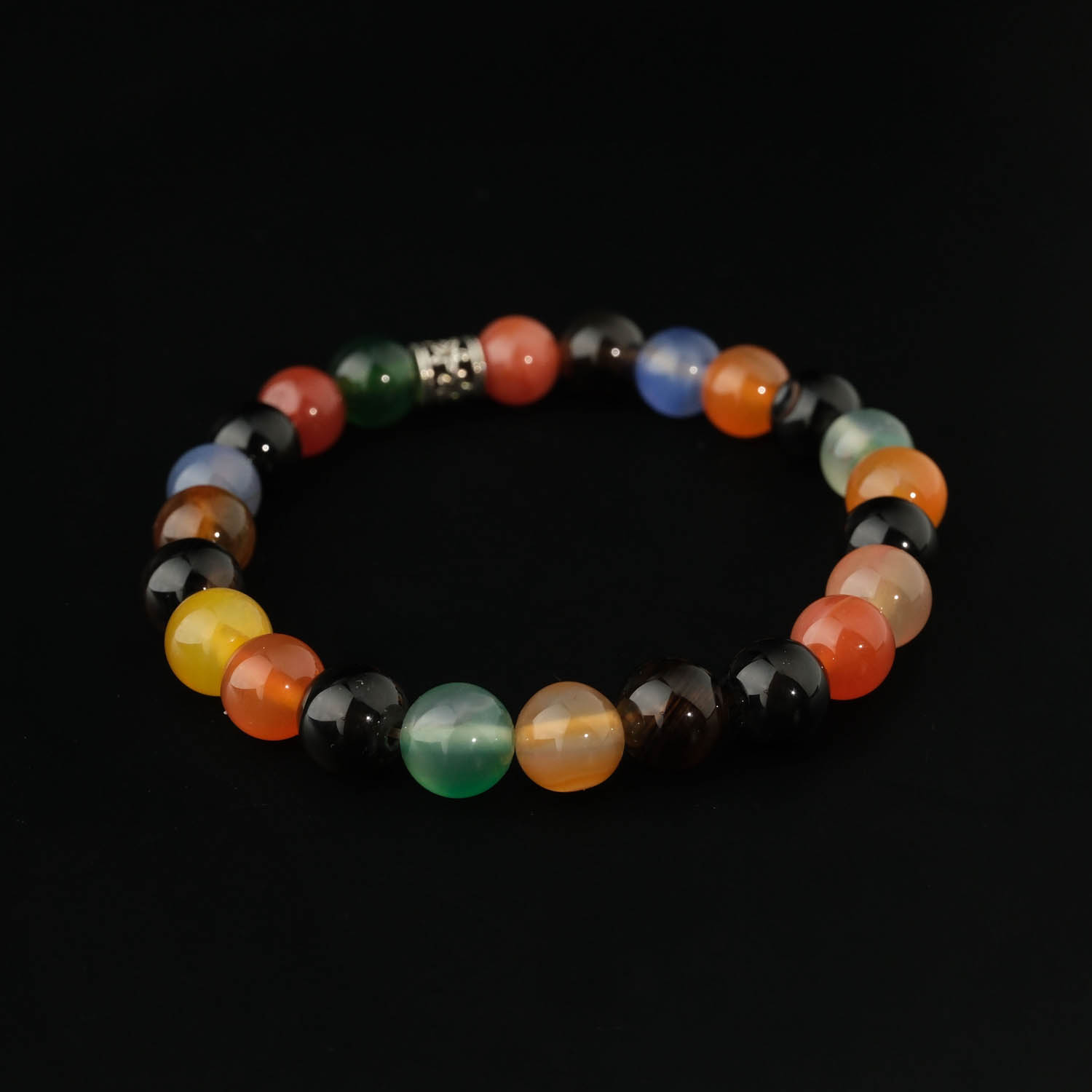 bracciale-pietra-naturale-agata-colorata-lusso-8mm A luxury natural stone bracelet made of original mixed color agate 8mm round beads with a silver metal accent.