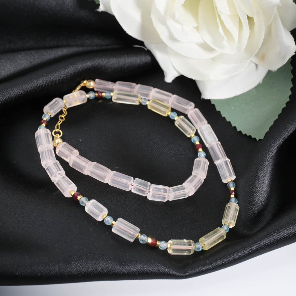 Echte 925 Silber Damen Design-Kette mit Rosenquarz, Zitronenquarz, blauem Topas, Rubin und goldenem Hämatit.