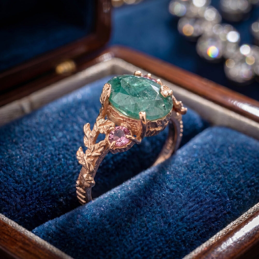 Luxus-Design-Frauenring mit Zweigmotiv aus 925er Sterlingsilber mit Rosegoldplatinierung, besetzt mit originalem Afghanistan Smaragd und rosa Turmalinen.