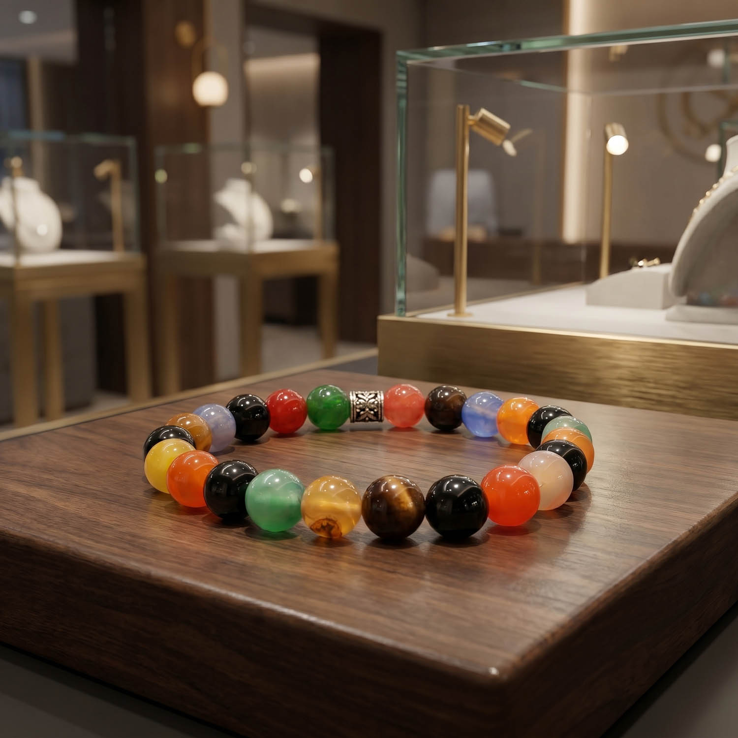orijinal-karisik-renkli-akik-dogal-tas-bileklik-8mm 8 mm pürüzsüz küre kesim çok renkli orijinal akik doğal taş boncuklu esnek bileklik modeli.