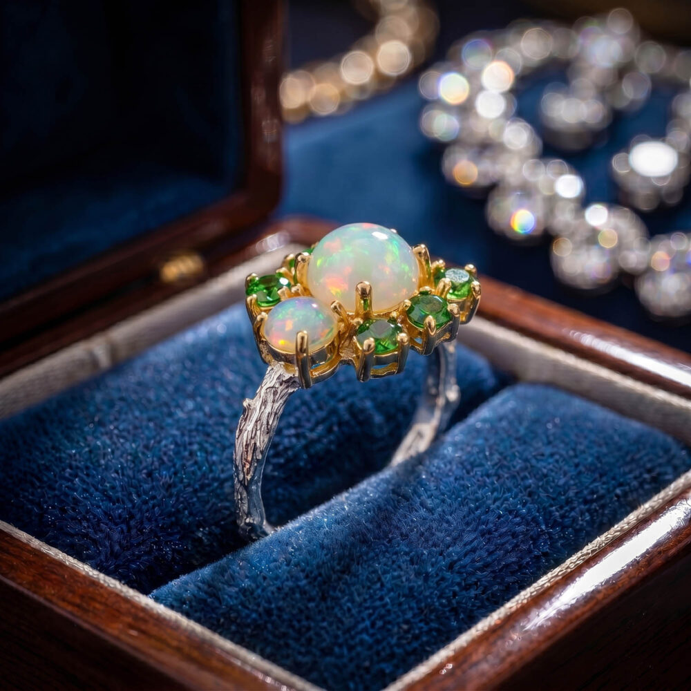 Luxus-Design-Ring aus 925er Sterlingsilber mit Goldakzenten, besetzt mit einem originalen Opal-Edelstein und grünen Tsavorit-Steinen im Ast-Design.