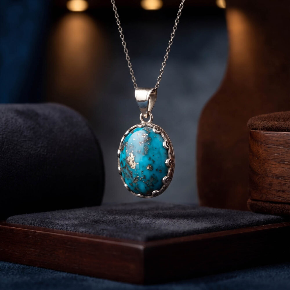 Luxus-Design-Kette aus 925er Sterlingsilber, besetzt mit einem originalen türkis-Edelstein mit Pyrit-Adern im ovalen Kabosonschliff.
