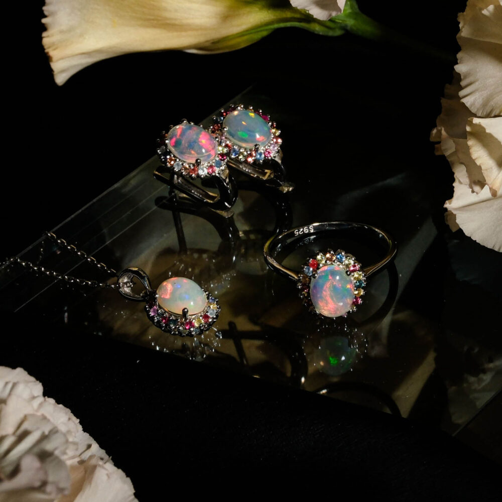 Orijinal Opal ve Renkli Safir Doğal Taş 925 Ayar Gümüş Tasarım Kadın Set