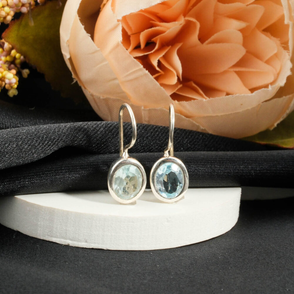 Orijinal Blue Topaz Doğal Taş 925 Ayar Gümüş Tasarım Kadın Küpe