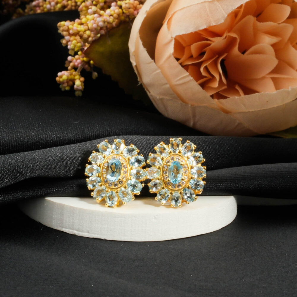 Orijinal Blue Topaz 925 Ayar Gümüş Tasarım Gold Kaplama Kadın Küpe