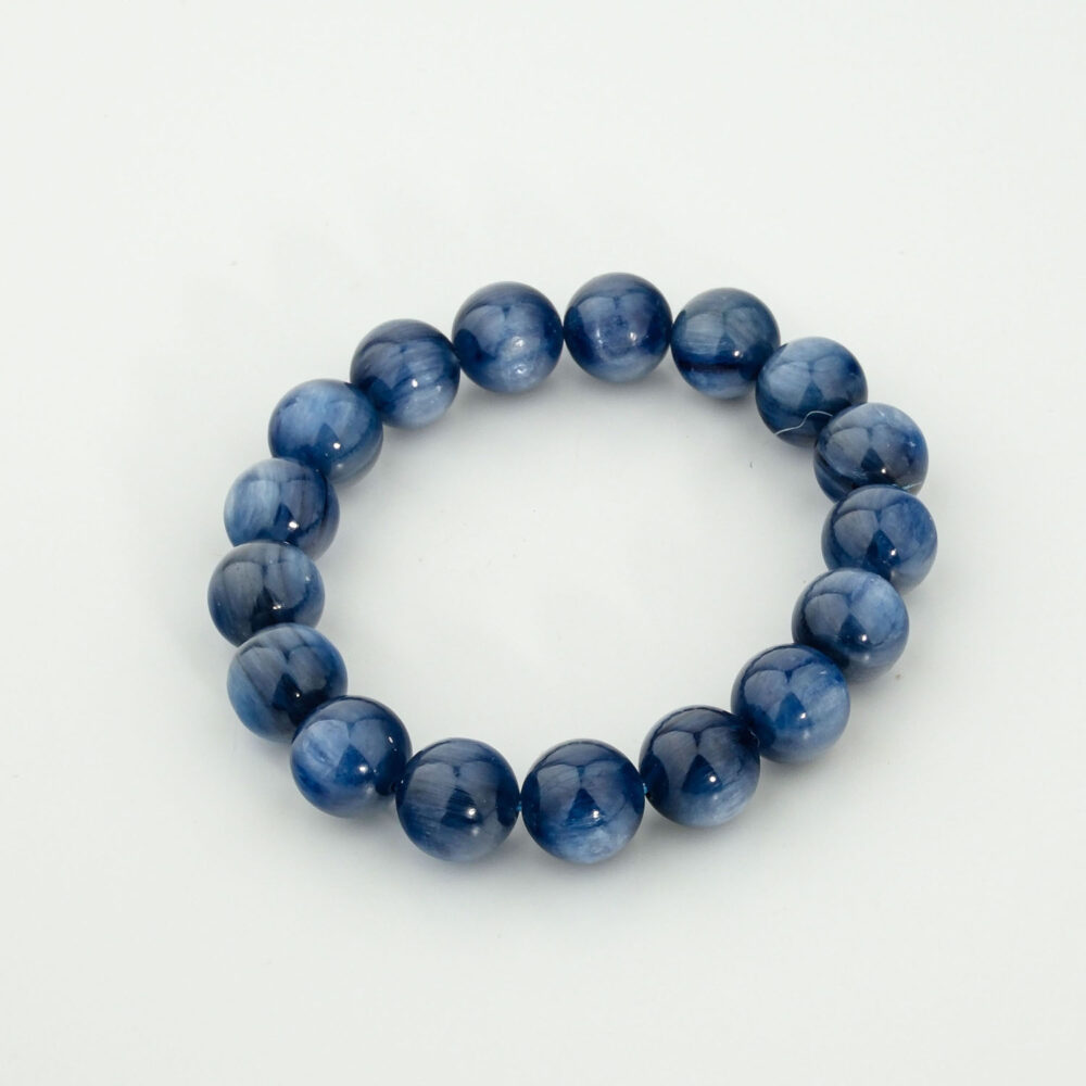 Unisex elastisches Armband aus glatten runden Perlen aus natürlichem blauem Kyanit 11-12 mm.