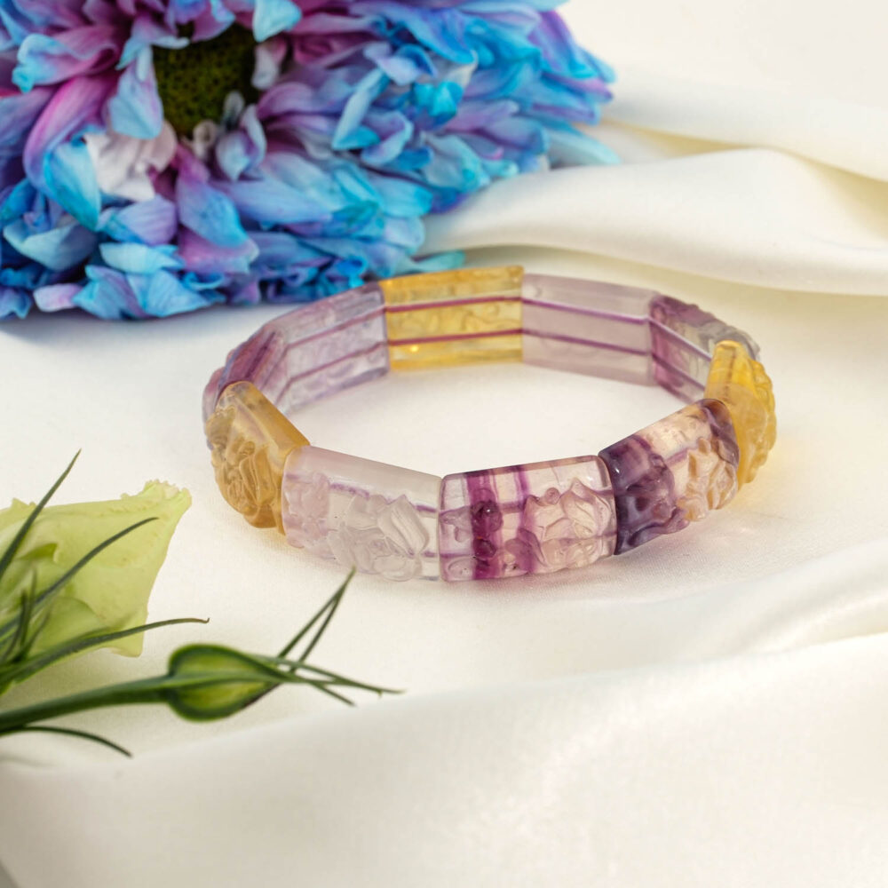 Carving el oyması kabartma motifli orijinal sarı mor florit doğal taş Rolex dilim bileklik.