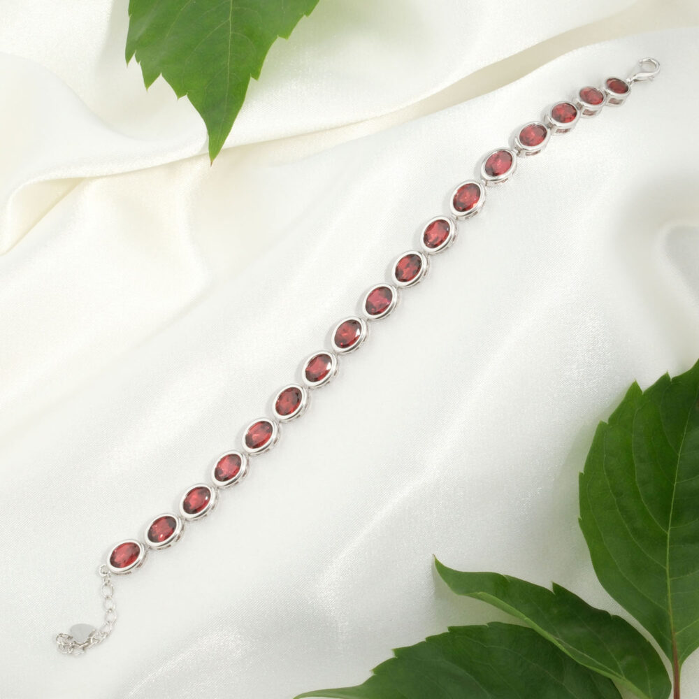 Orijinal 15+4 cm oval faset kesim kırmızı garnet lal taşlı 925 ayar gümüş tasarım kadın su yolu bileklik.