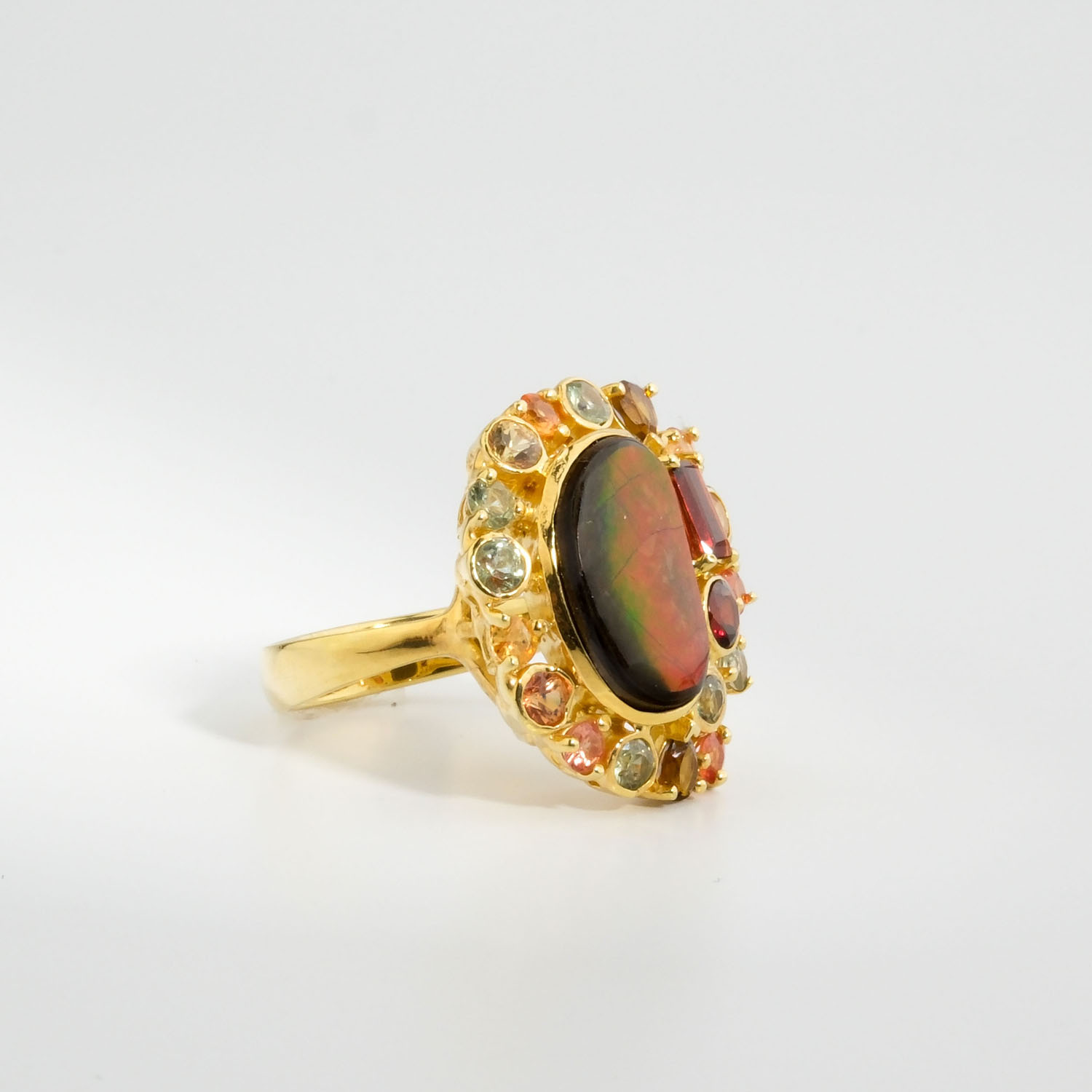 natural-ammonite-opal-citrine-garnet-yellow-sapphire-green-amethyst-gold-plated-silver-ring خاتم نسائي فاخر من الفضة عيار ٩٢٥ المطلي بالذهب مرصع بحجر أوبال الأمونيت والسيترين والجارنيت والياقوت الأصفر والجمشت الأخضر.