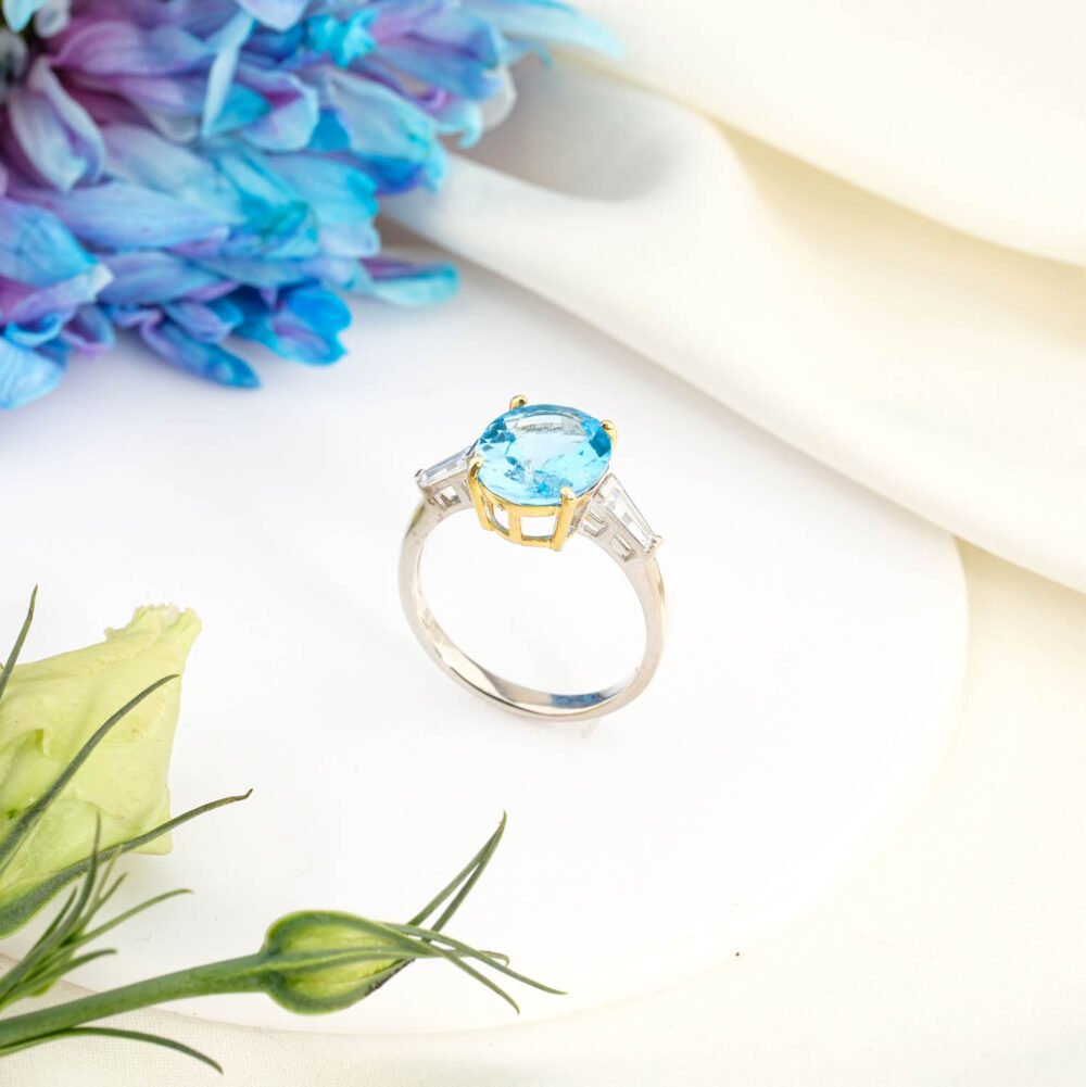 Orijinal 5ct oval faset kesim blue topaz doğal taş baget zirkonlu 925 ayar gümüş kadın yüzük.