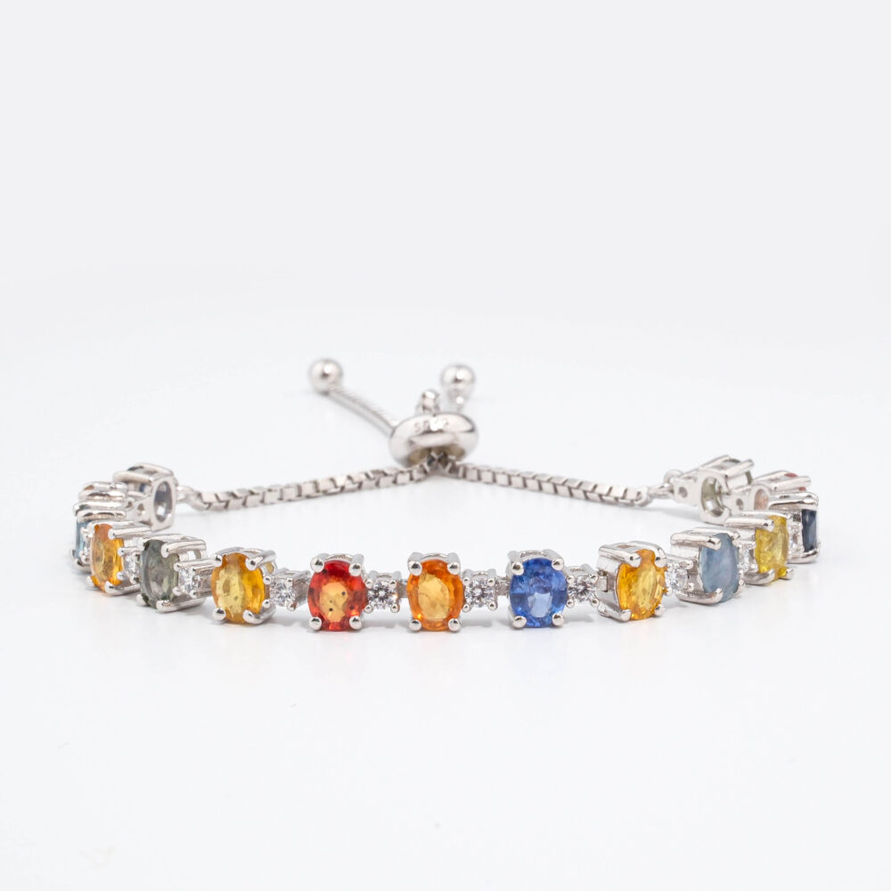 Bracelet rivière de luxe pour femme en argent 925 serti de saphirs multicolores naturels et zircons.