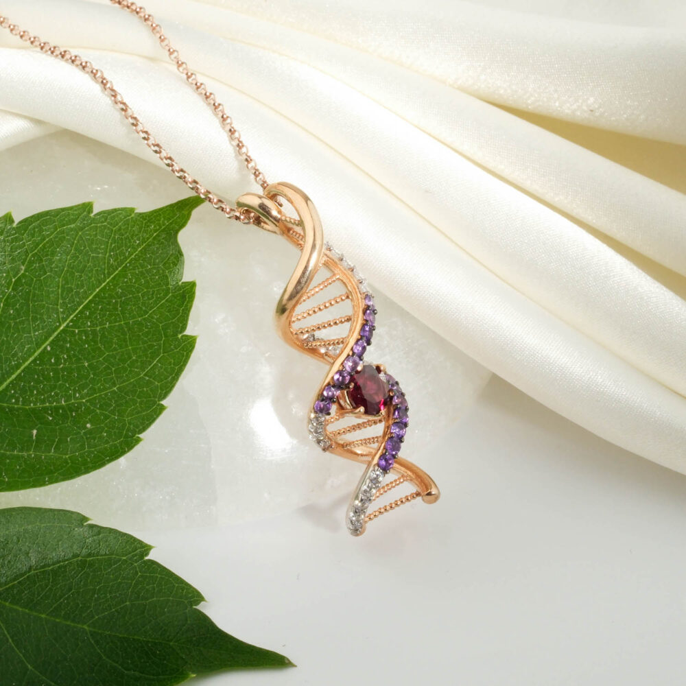 Orijinal garnet ve ametist doğal taşlı DNA sarmalı tasarım 925 ayar gümüş rose kaplama kadın kolye.