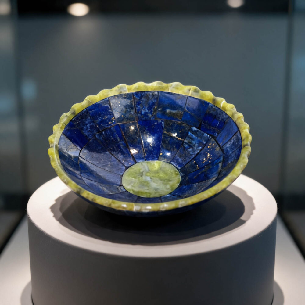 Orijinal doğal lapis lazuli ve yeşim taşı el işçiliği mozaik kase 11x4cm dekoratif obje.