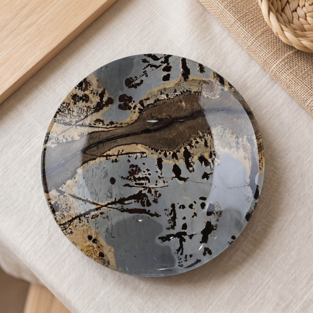 Orijinal manzaralı jasper doğal taş el işçiliği parlak cilalı dekoratif tabak 20x20cm.