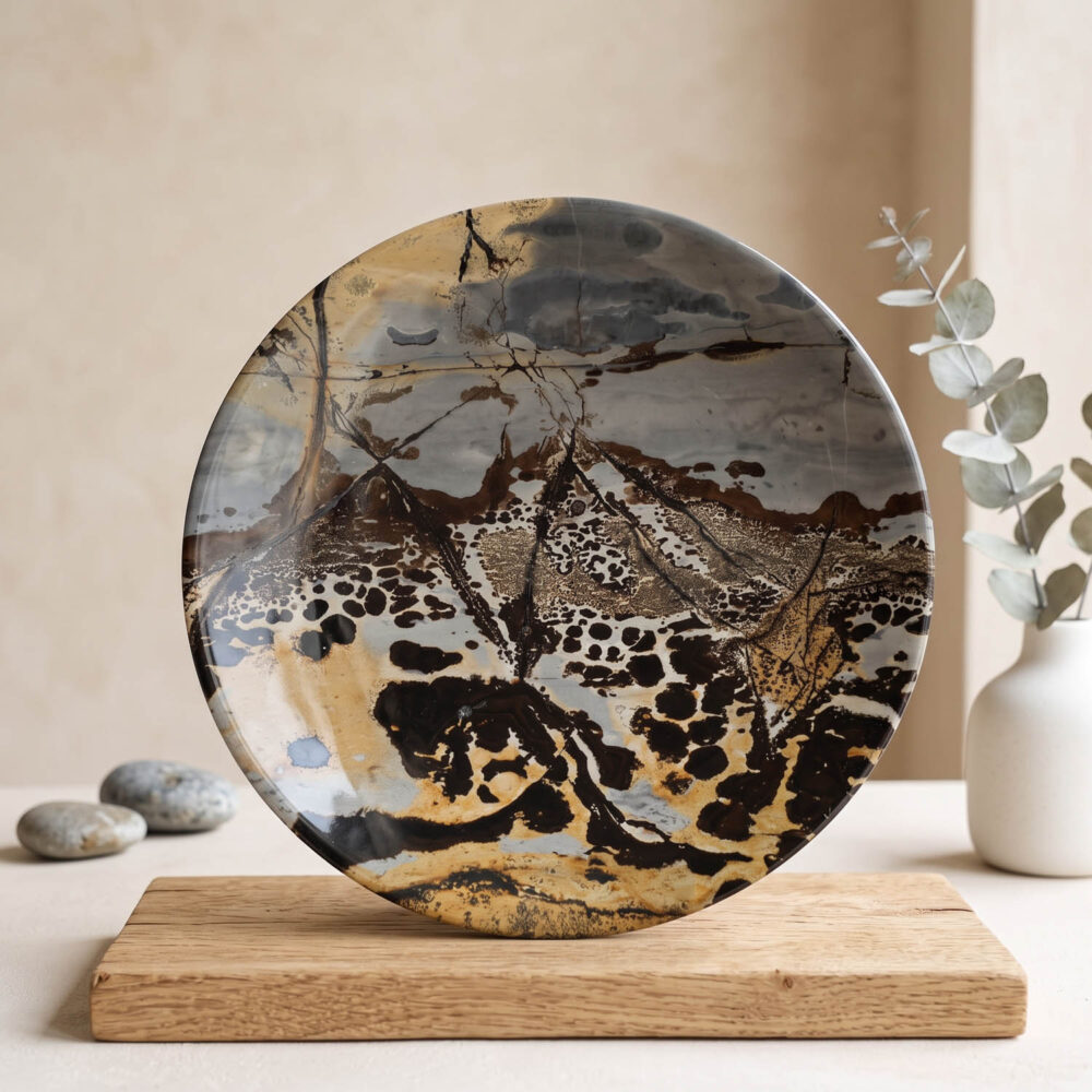 Orijinal manzaralı jasper doğal taş el işçiliği parlak cilalı dekoratif tabak 20x20cm.