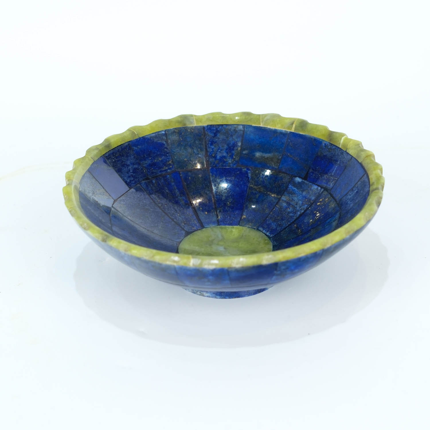 natural-lapis-lazuli-jade-gemstone-mosaic-bowl-11x4cm An authentic natural lapis lazuli and green jade gemstone hand-carved mosaic bowl 205g.
