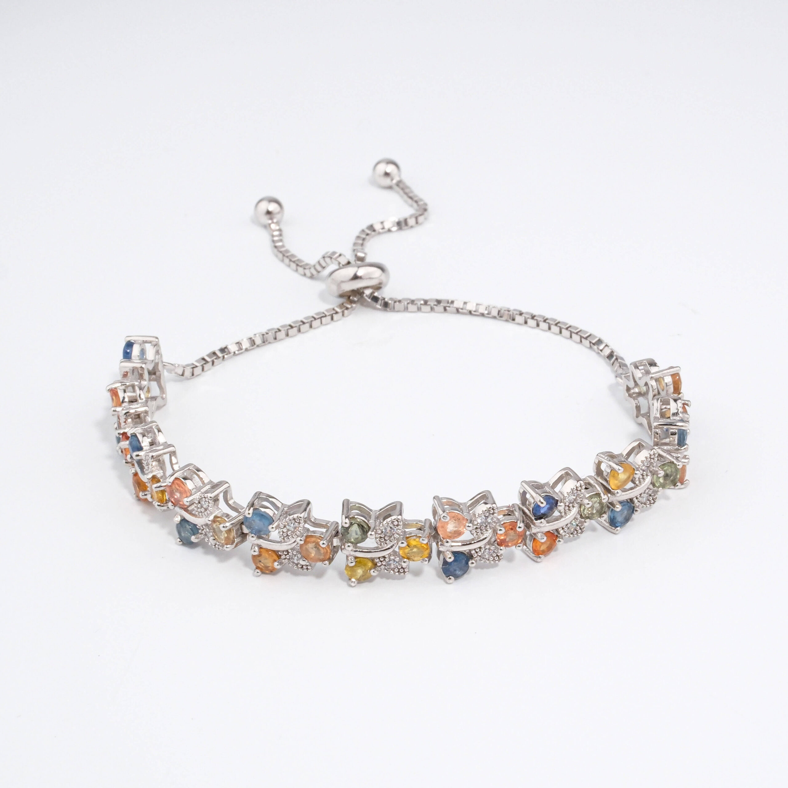 natural-multicolor-sapphire-gemstone-925-silver-slider-bracelet An authentic natural multi-color faceted sapphire gemstone 925 sterling silver leaf vine adjustable slider bolo bracelet.