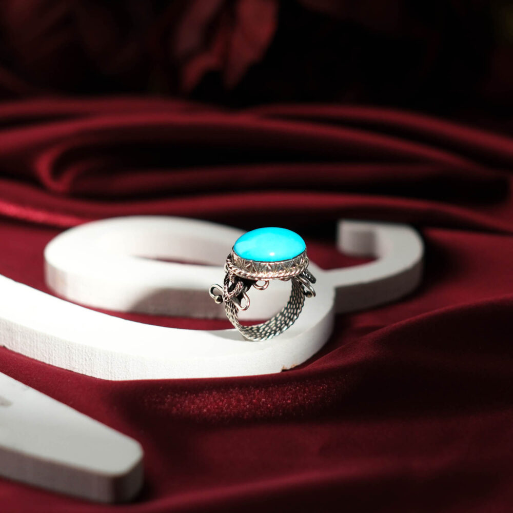 Genuine natural Arizona turquoise oval cabochon filigree handmade 925 sterling silver unisex statement ring