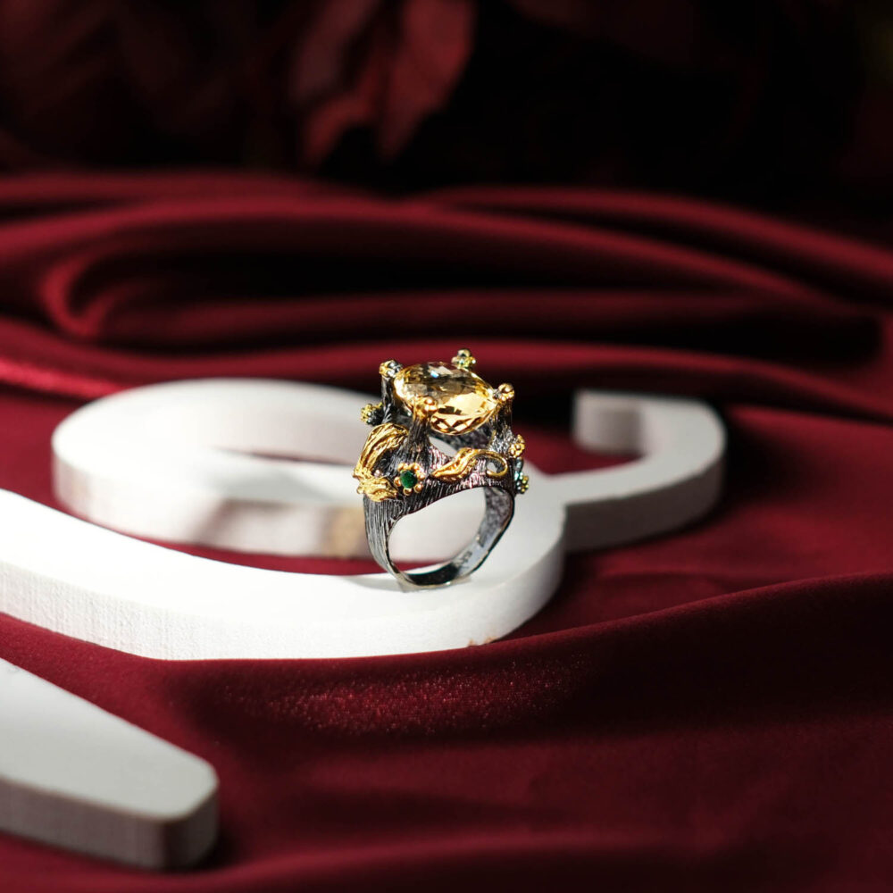 Genuine natural citrine diopside and ruby gemstone branch design 925 sterling silver artisan statement ring.