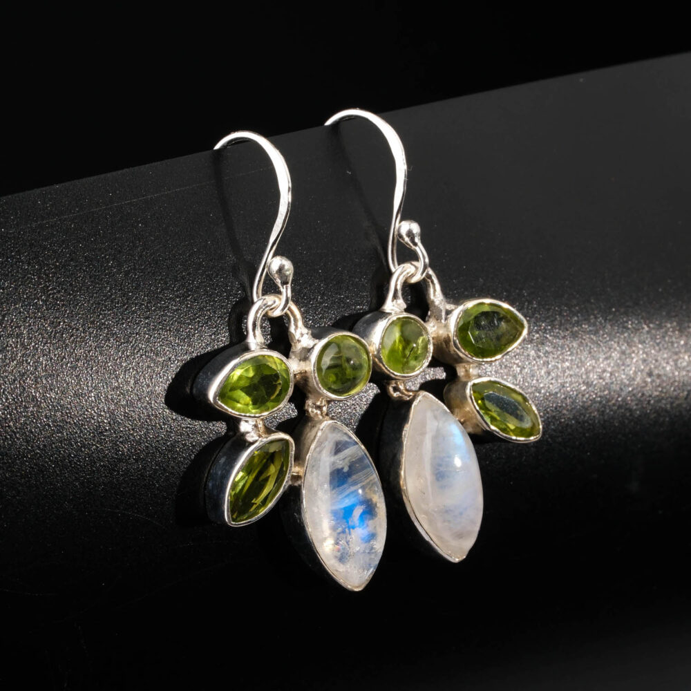 Genuine natural rainbow moonstone and green peridot gemstone 925 sterling silver dangle earrings.