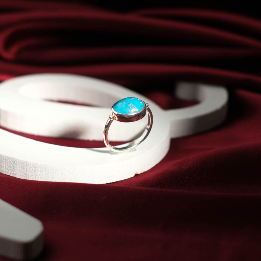 Genuine natural blue turquoise oval cabochon minimalist 925 sterling silver solitaire ring