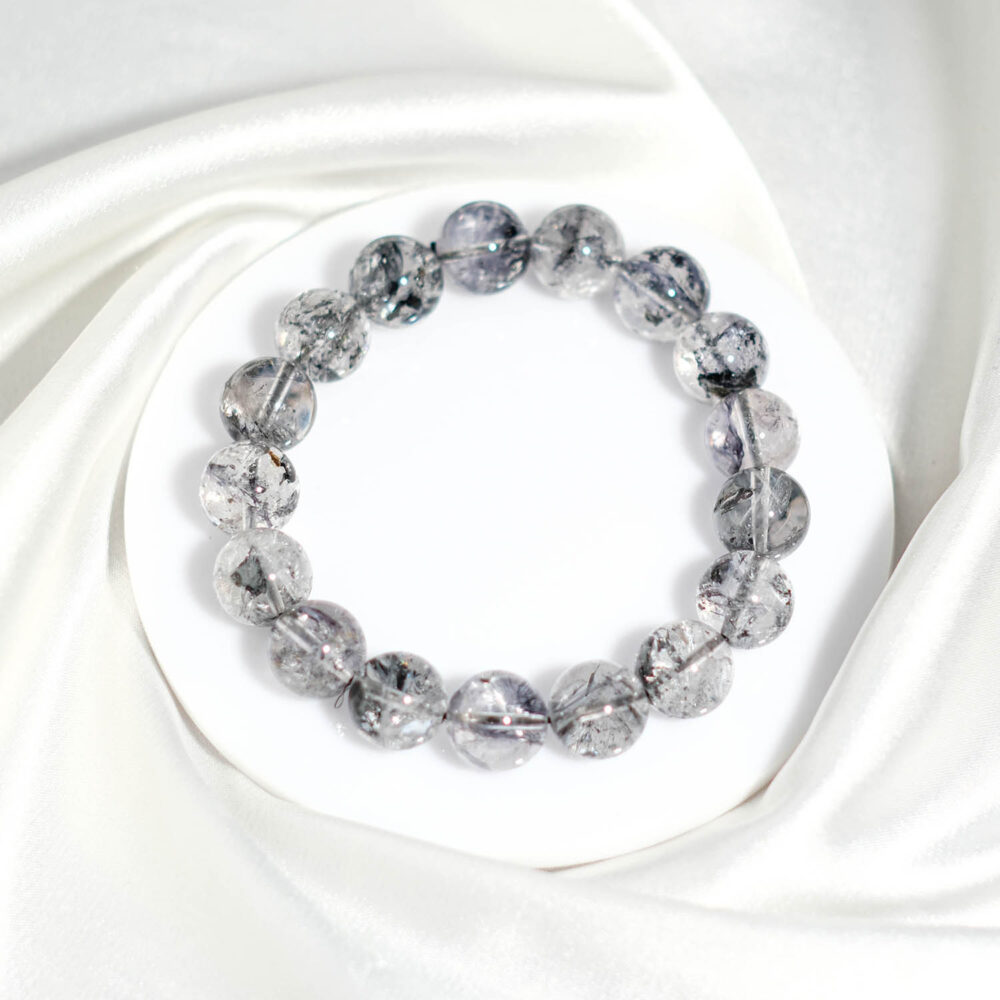 Orijinal doğal Herkimer elması antrasit kapanımlı küre habbe elastik unisex bileklik 12-13mm